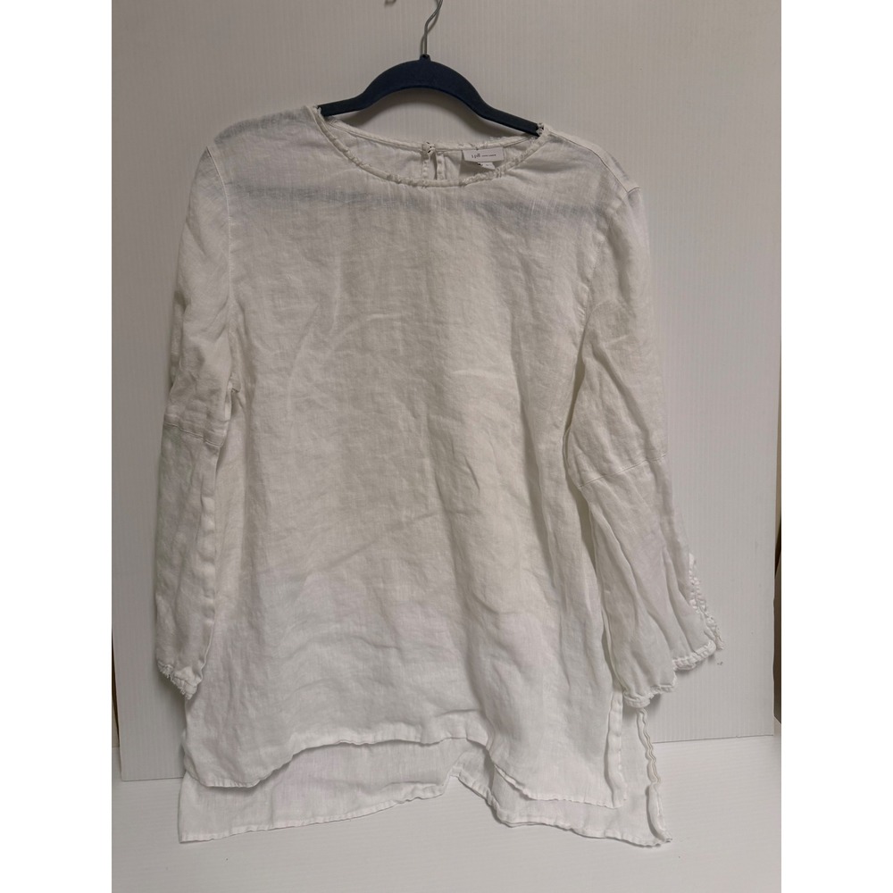 J. Jill Love Linen White Tunic Top XL Long Sleeve Fringe Eyelet Trim Hem